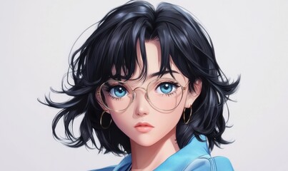 Fototapeta premium Woman with short hair and glasses is wearing a blue shirt