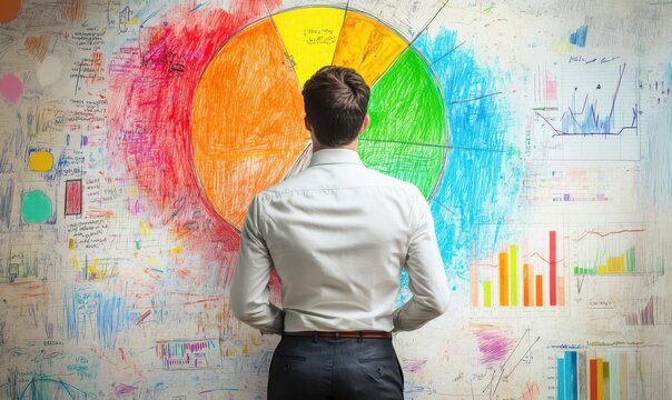 Man stands in front of a colorful pie chart with a puzzled look on his face