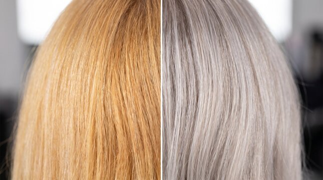 Before and after brassy yellow blonde hair to cool icy ash platinum