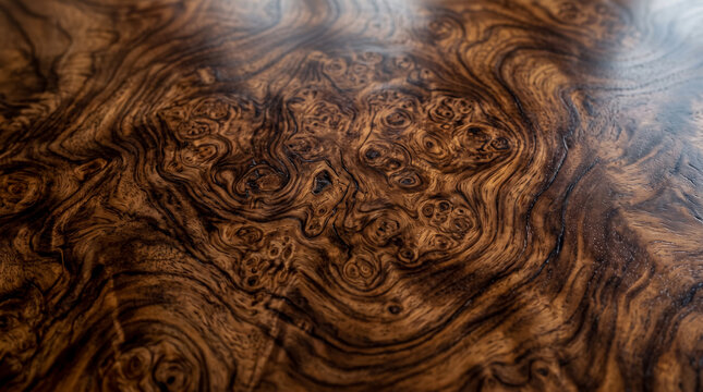 Dark polished walnut wood burl texture background with rich swirl grain patterns