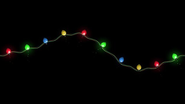 Animated christmas string lights with glowing multicolored bulbs on black background, christmas lights