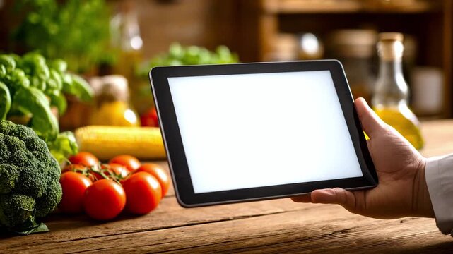 Hand holding tablet with white blank screen against fresh vegetables background in kitchen setting. Concept of layouts, recipes and healthy eating