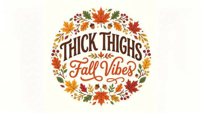 Beautiful autumn floral wreath design featuring fun hand lettering that says thick thighs fall vibes