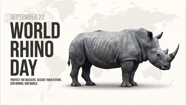 World Rhino Day conservation poster with rhinoceros silhouette on global map background