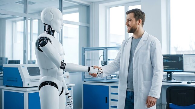 A male scientist wearing a white lab coat shakes hands with a humanoid white robot with modern research laboratory performs handshake white