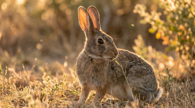 Wild rabbit sitting in golden field at sunset.