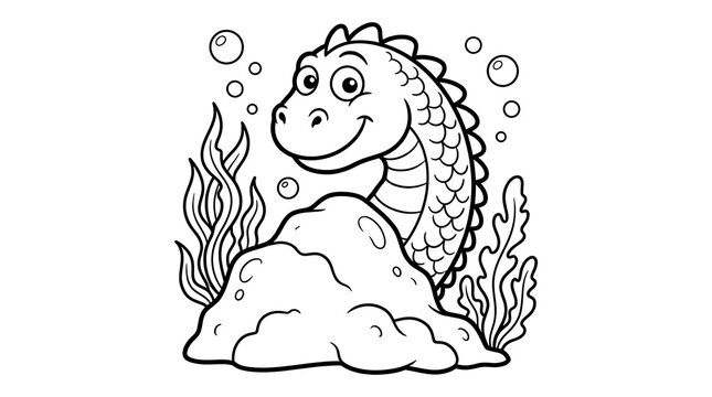 Cute sea monster coloring page for kids with a friendly dragon peeking behind a rock