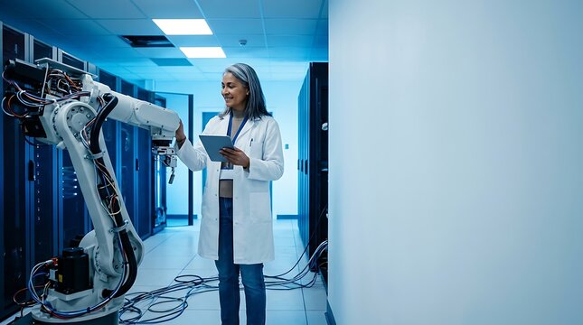 Professional in lab coat monitoring robotic arm operation in high tech facility with researcher observes industrial interacting equipment modern