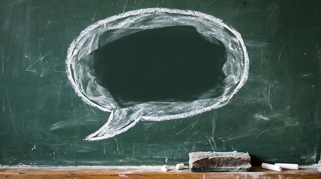 Messy chalk speech bubble on green blackboard with sponge for informal education and creative brainstorming concepts