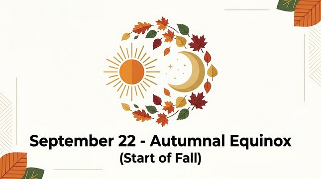 Autumnal equinox illustration with sun and moon symbols surrounded by colorful fall leaves for the September season