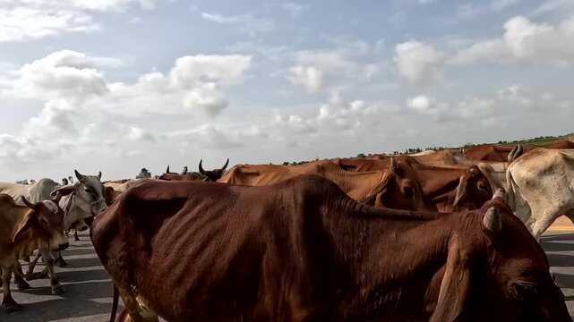 Herd Of Brown And White Zebu Cows Walking On Asphalt Highway Under Cloudy Sky In Rural Pakistan