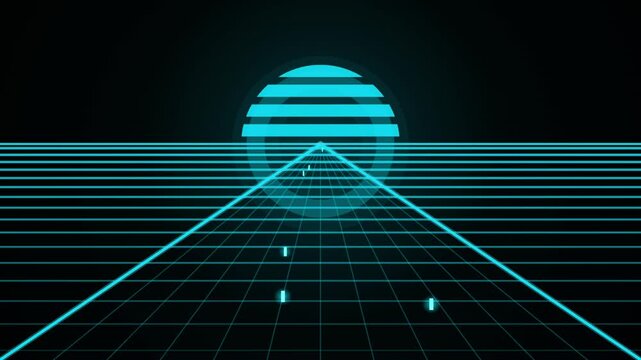 Synthwave tech background featuring a glowing cyan grid extending toward a striped retro sun in a looping seamless style