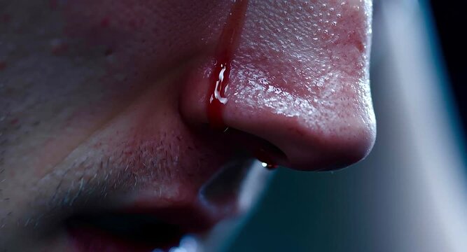 Extreme close up of a drop of blood dripping from the nose of a male fighter after receiving a punch, showing the consequence of violence and physical aggression in slow motion