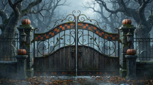Spooky Halloween Cemetery Gate with Autumn Pumpkins and Foggy Dark Forest Backdrop for Creepy Seasonal Holiday Decorations