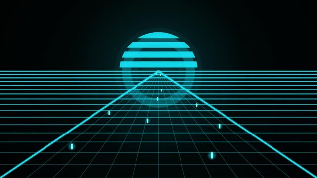 A retro synthwave landscape features a glowing striped sun above a neon grid with looping perspective lines and digital tech overlays in a dark atmospheric setting.