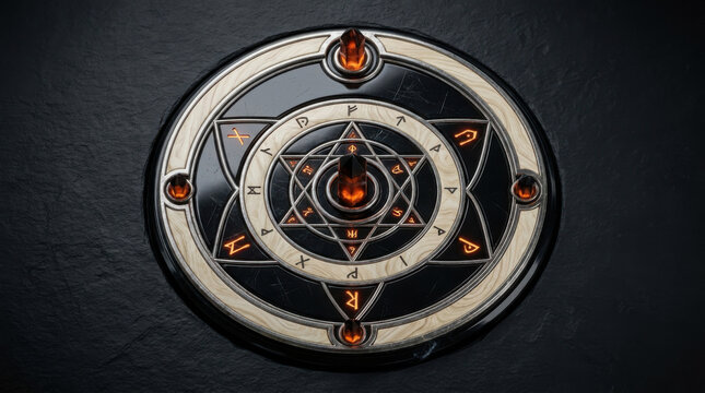 Intricate Ancient Magic Ritual Circle with Glowing Orange Runes on a Dark Obsidian Stone Surface for Occult Mystical Atmosphere