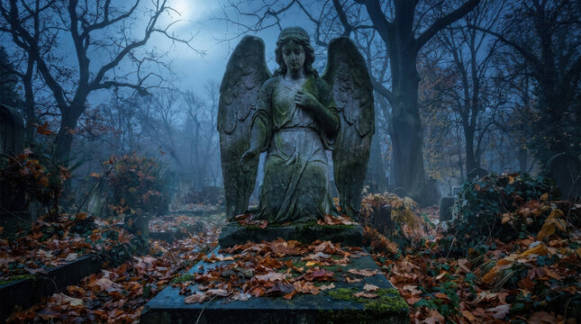 Stone Angel Statue Standing in a Creepy Abandoned Cemetery Under Moonlight on a Chilly Autumn Night with Fallen Leaves