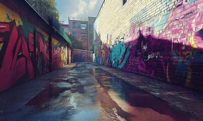 Fototapeta premium Vibrant street art alley with graffiti-covered walls, showcasing bold colors and dynamic expressions of urban culture.