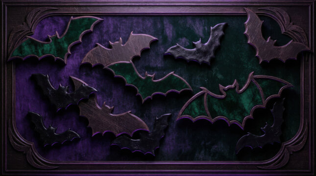 Dark Gothic Halloween Background Featuring Decorative Bats Arranged in a Victorian Frame with Deep Purple and Emerald Green Moody Tones