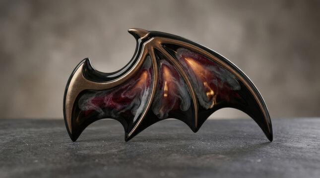 Decorative Gothic Style Bat Wing Sculpture Crafted With Dark Marble And Bronze Trim Resting On A Distressed Textured Surface