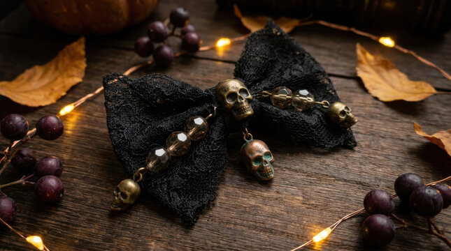 Gothic Black Lace Hair Bow With Antique Skull Charms and Twinkling Fairy Lights on a Rustic Wooden Table for Spooky Seasonal Decor