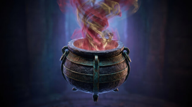 Mystical Witch Cauldron With Glowing Magical Vapors Rising In A Dark Fantasy Chamber For Spooky Occult And Ritualistic Atmosphere