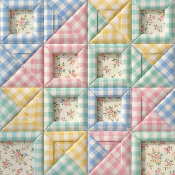 A pastel square gingham patchwork quilt pattern featuring a delicate pink print with a three-dimensional effect