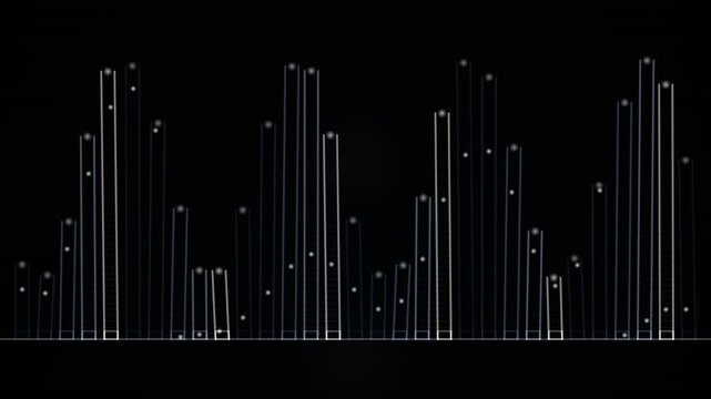 Digital audio equalizer displays vertical frequency bars with glowing dots against a dark background for music visualization applications