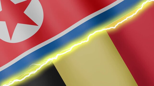 Two waving flags North Korea and Belgium with diagonal lightning seamless, 4k loop