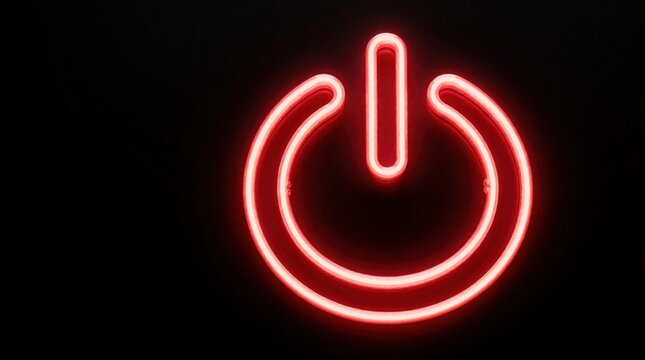 Red neon power symbol glows on dark background. Abstract graphic element for interface design. Symbol signifies start stop control electricity energy.