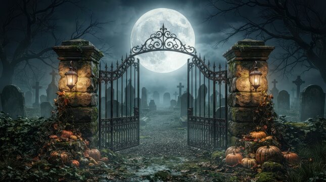 Old metal gate at night with glowing lanterns and a full moon background