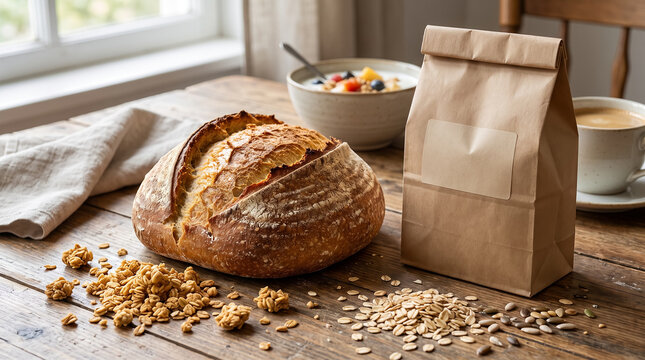 Fresh Sourdough Bread Loaf with Paper Bag Mockup and Oat Clusters on Wooden Table. Concept of advertising, packaging mockup, granola.