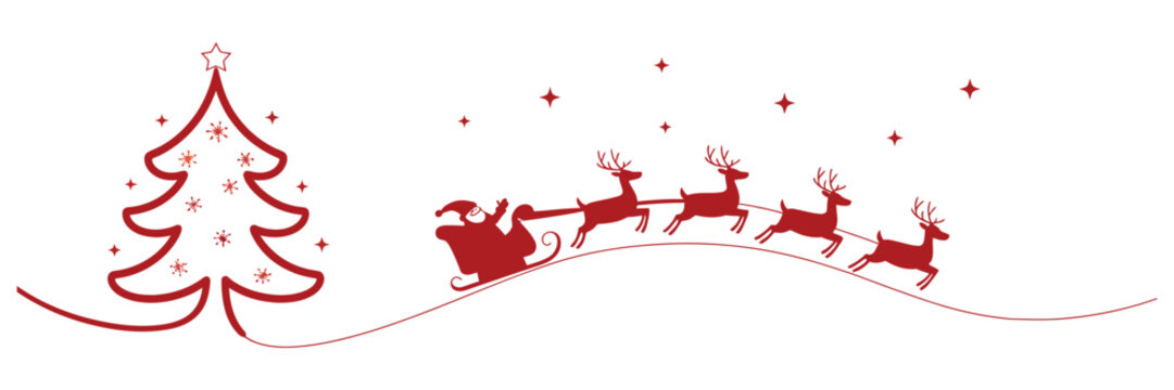 christmas banner, santa claus riding sleigh with reindeer and christmas tree, festive holiday celebration, winter scene, isolated vector illustration, seasonal greeting.

