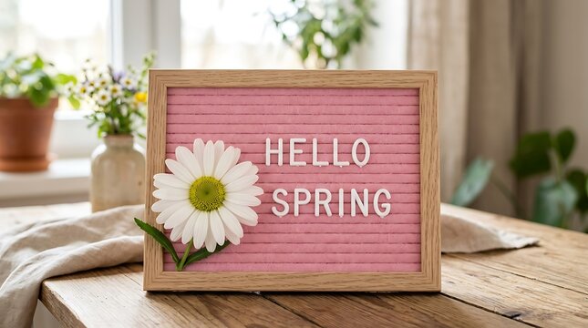 Hello spring sign on a pink felt letter board with a white daisy flower