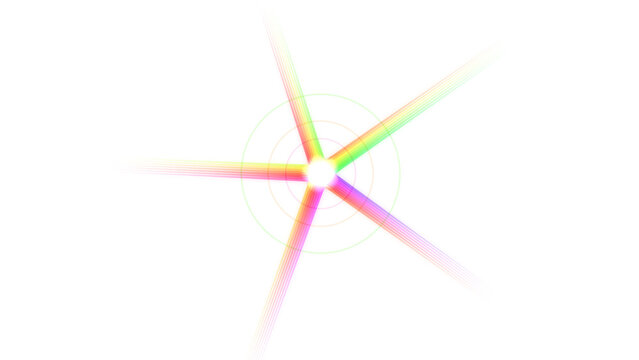 Five pointed star shape formed by glowing rainbow gradient light beams with concentric circular rings isolated on a transparent background