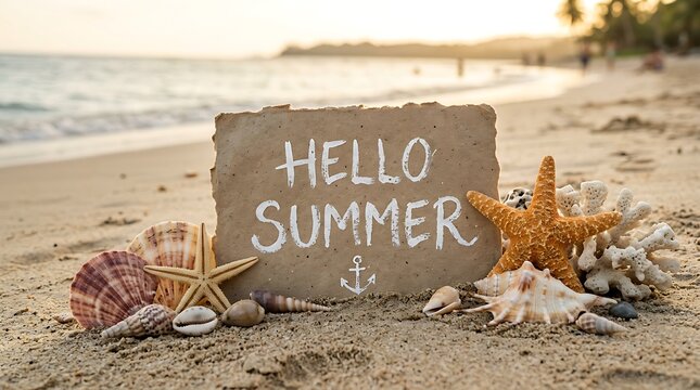 Hello summer sign with seashells and starfish on sandy beach