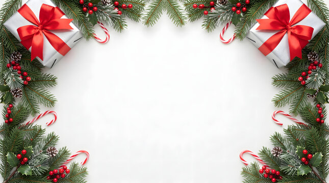 Christmas festive border with pine branches red ribbons and gift boxes on a white background with copy space