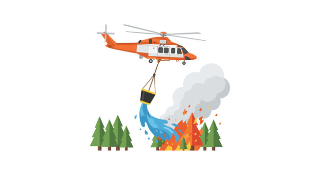 Flat vector forest fire helicopter symbols, rescue helicopter, water container, falling water stream, smoke cloud, burning forest, flame particles, clean geometric shapes, isolated on pure white backg