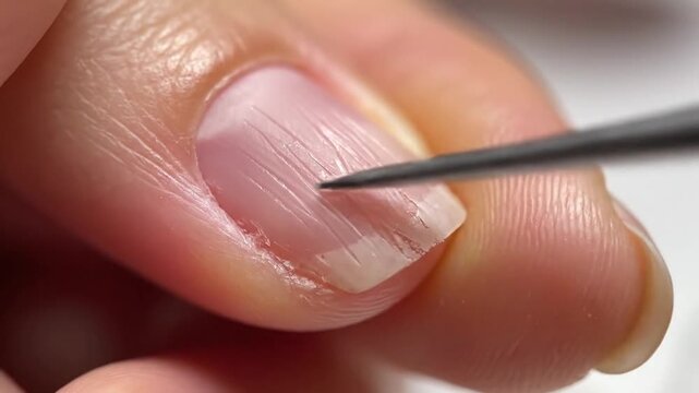 Damaged fingernail repair begins with fine tool tracing chipped nail edge. Close macro detail shows peeling layers, dry cuticle, and careful grooming motion aimed at restoring neat manicure finish.