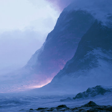 Snowy Mountain Peaks Rising Through Blue Mist