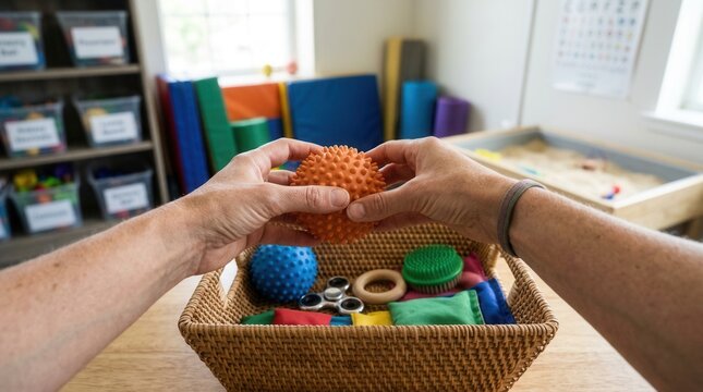 Hands choosing sensory toys from basket for therapy, child development, autism, ADHD, occupational therapy, fine motor skills, play therapy
