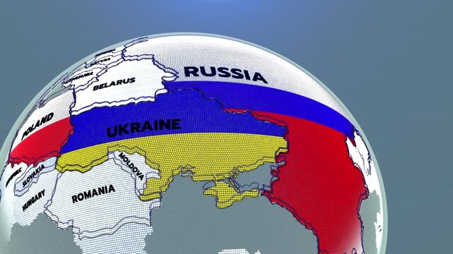 a stylized geopolitical globe/map focused on Eastern Europe, highlighting Ukraine map, Ukraine map, Poland map, 
