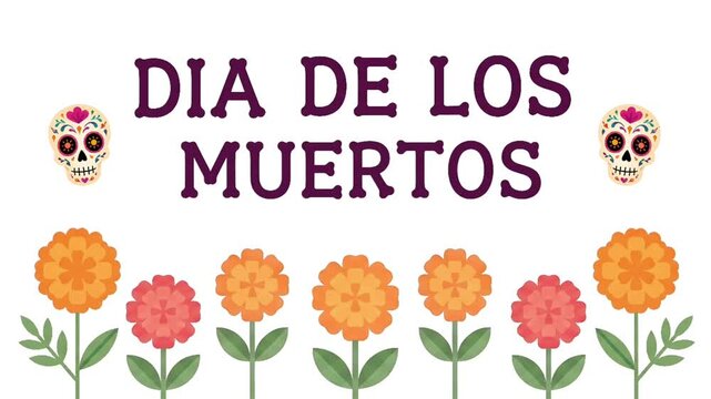 Animated Dia de los Muertos Flowers Growing with Colorful Mexican Sugar Skulls, Perfect for Holiday Celebrations and Cultural Backgrounds