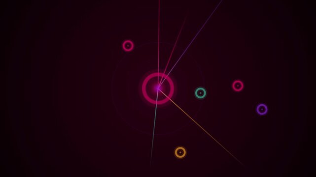 Abstract looping tech background featuring concentric circles and colorful glowing dots on a dark maroon overlay with radiating lines.