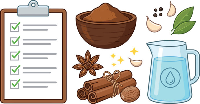 Cooking Recipe Checklist and Cooking Spices Icon Set with Clipboard Star Anise Cinnamon Sticks Nutmeg Bowl of Powder and Water Pitcher Designs