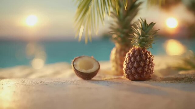 Summer hot vibe lifestyle. A vivid, sunlit scene on a tropical beach. The main subject is a ripe pineapple with its spiky green leaves, placed on a sandy surface.