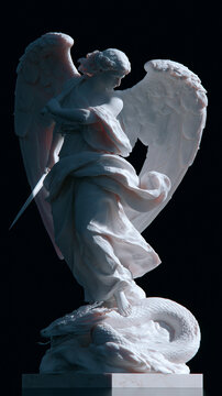 Winged Angel with Sword and Serpent Sculpture