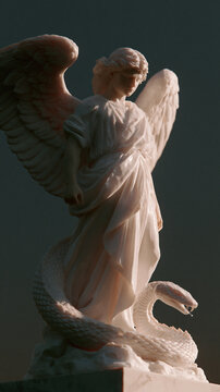 Winged Angel Statue with Serpent on Dark Background