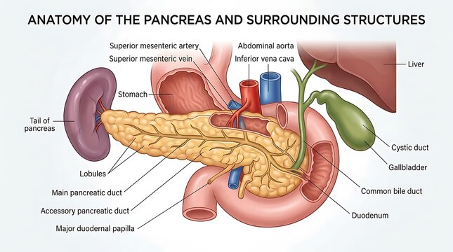 Anatomical diagram of the human pancreas and surrounding structures with digestive system