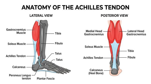 Anatomy of the achilles tendon lateral and posterior view medical diagram with foot anatomy